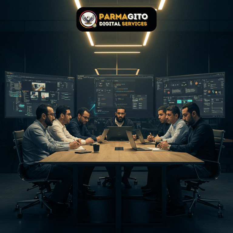 فريق برمجة وتصميم واجهات يعمل داخل شركة تصميم مواقع على تطوير حلول رقمية متقدمة