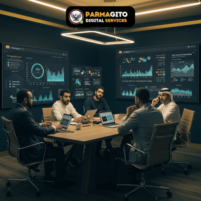 اجتماع فريق شركة تصميم مواقع وتسويق رقمي لمناقشة خطط النمو والتحول الرقمي